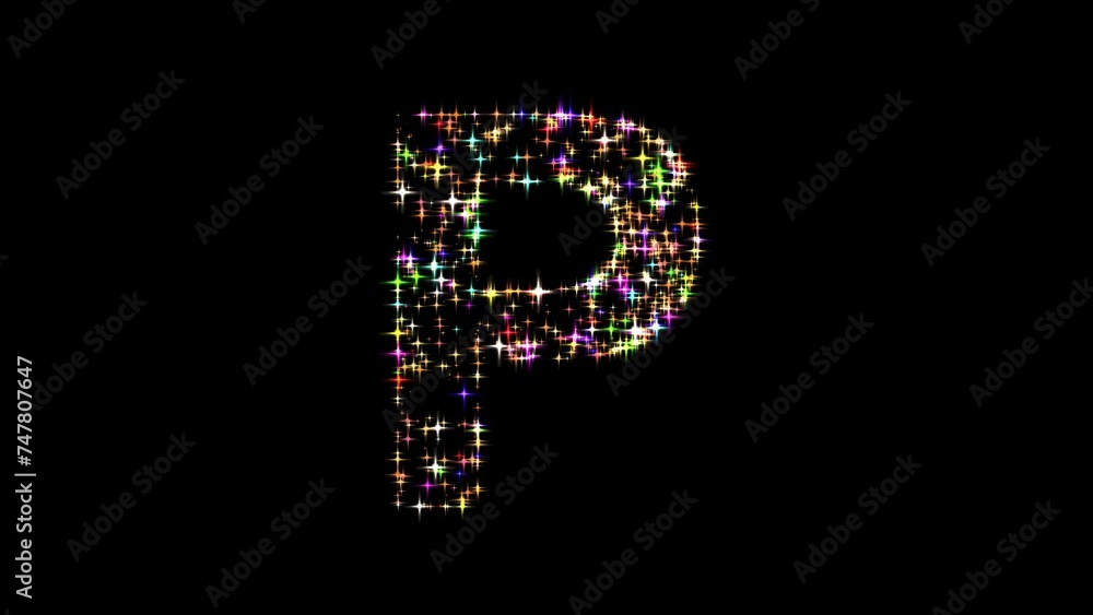 Beautiful illustration of English alphabet P with colorful stars on plain black background