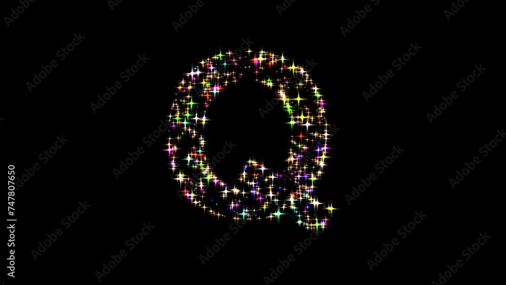 Beautiful illustration of English alphabet Q with colorful stars on plain black background