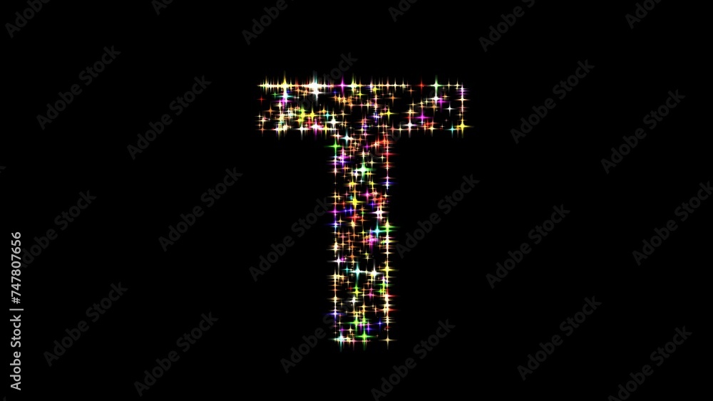 Beautiful illustration of English alphabet T with colorful glitters on plain black background