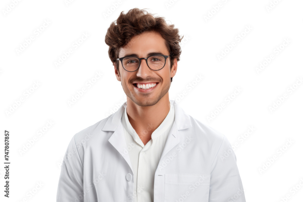 Studio portrait of handsome young Caucasian Americana man wear glasses and casual shirt with a beautiful smiling isolated on transparent png background.