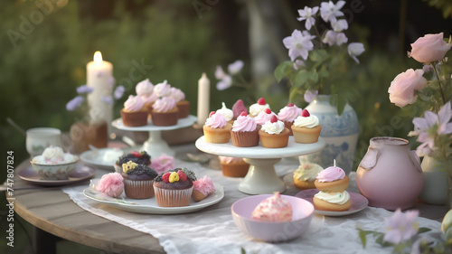 Delicious cake with flowers, candles and cupcakes on a dining table