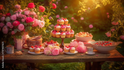 Delicious cake with flowers  candles and cupcakes on a dining table