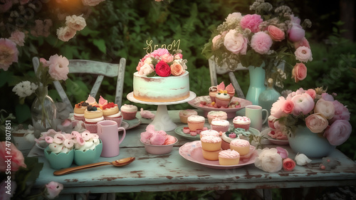 Delicious cake with flowers  candles and cupcakes on a dining table