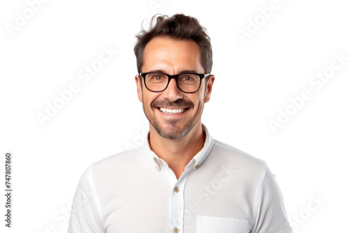 Studio portrait of handsome young Caucasian Americana man wear glasses and casual shirt with a beautiful smiling isolated on transparent png background.