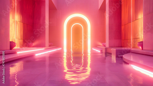 Futuristic Neon Tunnel, Vibrant Colors and Geometric Shapes, Abstract Interior Design, Modern Technology Concept