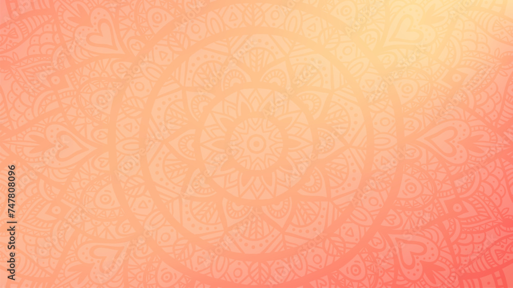 Round mandala on dreamy peach fuzz gradient background. Translucent mesh pattern in the form of a mandala. Mandala with floral patterns. Pastel Yoga template.