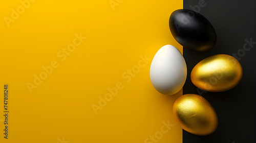 Golden  black  white Easter eggs on a yellow-black background. geometry. Minimal concept. View from above. Neural network generated image. Not based on any actual scene or pattern.