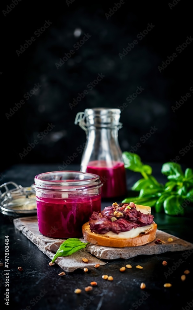 Vegetarian food. Jar with beetroot pate. Healthy eating. Sandwiches with beetroot and walnut pate