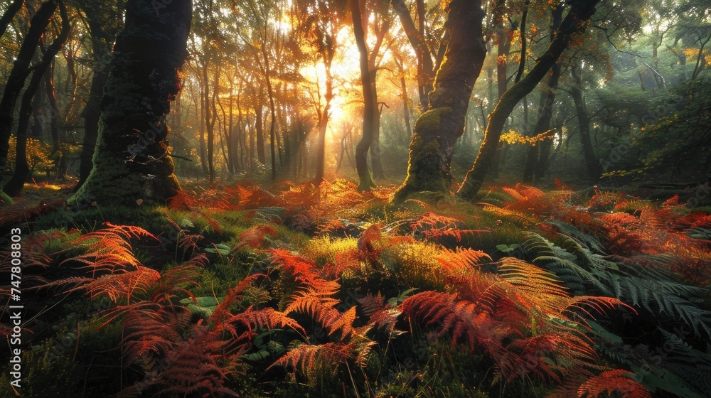 Temperate deciduous forest autumn forest red orange.An ancient forest with giant trees and a carpet of ferns oak beech maple willow mysterious and ancient nature landscape fantasy nature background
 - obrazy, fototapety, plakaty 