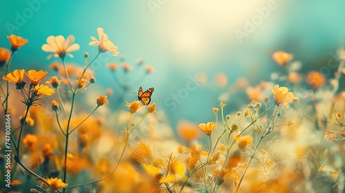 Beautiful meadow with yellow flowers and butterfly. Vintage filter. Summer concept