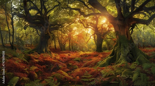 Temperate deciduous forest autumn forest red orange.An ancient forest with giant trees and a carpet of ferns oak beech maple willow mysterious and ancient nature landscape fantasy nature background 