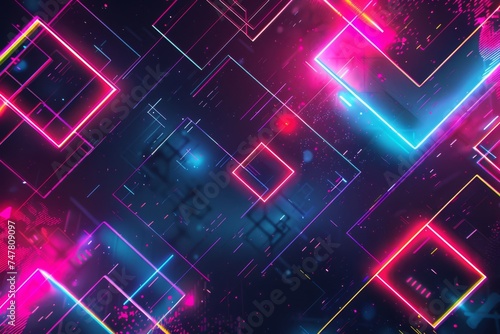 abstract cosmic scene, where streaks of neon lights intersect with floating geometric shapes, evoking the sense of a digital universe in motion