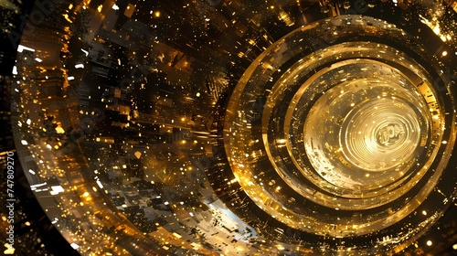 A digital artwork depicting a swirling vortex of golden particles, creating an illusion of depth and movement. The image conveys a sense of dynamic energy and futuristic design. AI Generative