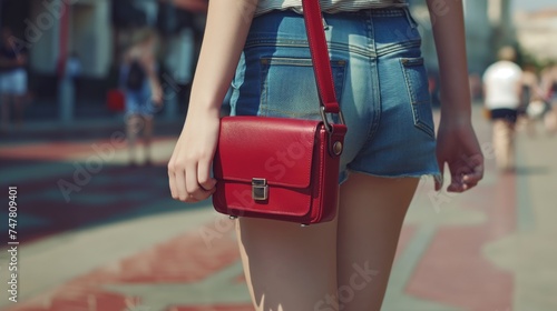 Close up of a young woman wearing short denim shorts with red small handbag walking in the summer city. Fashion concept photo