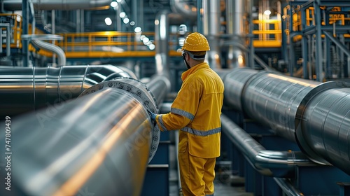 Male worker inspecting steel long pipes in station oil factory. Visual check pipeline oil and gas industry. Skilled worker examining pipes in oil and gas sector.