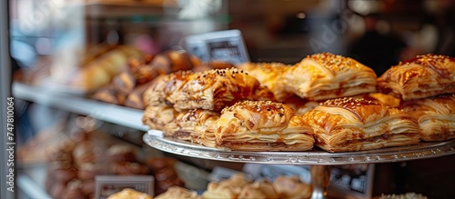 A display case showcasing a variety of freshly baked pastries, including Turkish pastry Karakoy Pogaca. The pastries are neatly arranged and look tempting, inviting customers to indulge in their
