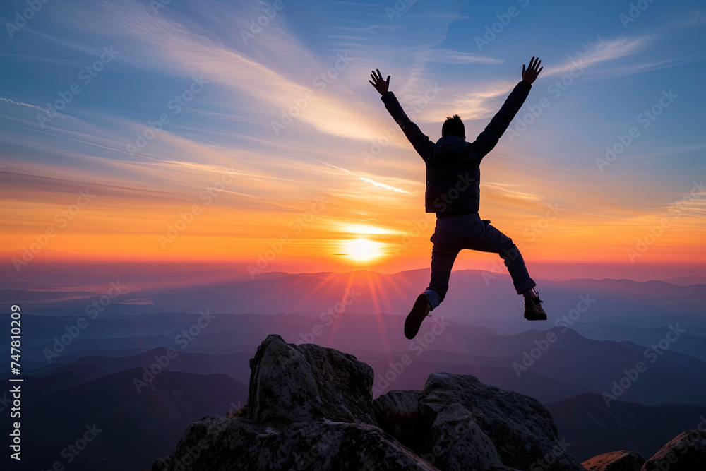 An excited young businessman jumping with arms raised after reaching the peak of a mountain - Symbolizing success, victory, and leadership concept
