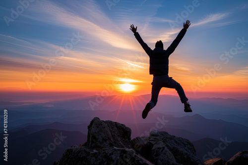 An excited young businessman jumping with arms raised after reaching the peak of a mountain - Symbolizing success, victory, and leadership concept