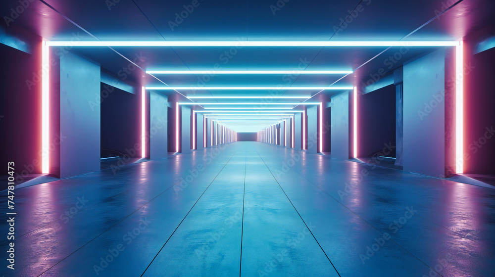 Futuristic Corridor with Neon Lights and Abstract Shapes, Modern Interior Design, Blue and Purple Illumination Futuristic Corridor with Neon Lights and Abstract Shapes, Modern Interior Design, Blue and Purple Illumination
