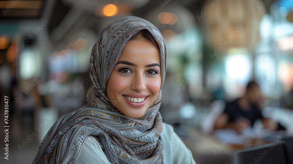 Smiling portrait of a businesswoman of arab descent wearing a hijab working on desk in a modern business office tower. Smiling portrait of a businesswoman of arab descent wearing a hijab working on desk in a modern business office tower.