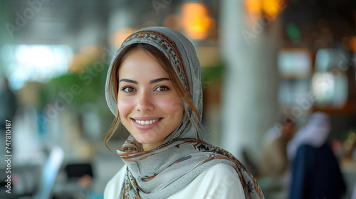 Smiling portrait of a businesswoman of arab descent wearing a hijab working on desk in a modern business office tower.