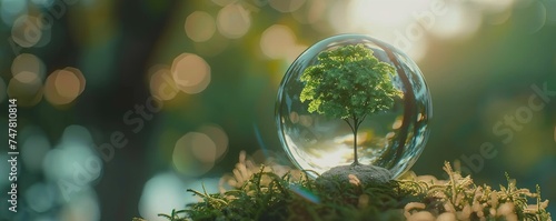 glass globe ball with tree growing and green nature blur background. eco earth day concept