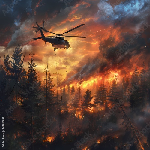 A firefighting helicopter confronts a massive wildfire  set against a dramatic sky. The scene depicts the ferocity of nature and the bravery of responders. AI Generative