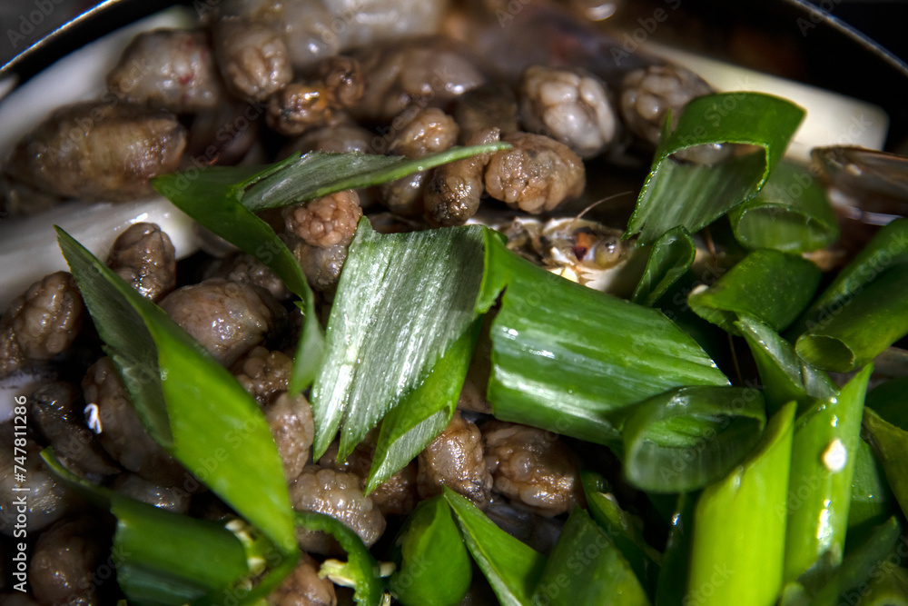 knife-cut green onions on the materials and ingredients for seafood stew knife-cut green onions on the materials and ingredients for seafood stew