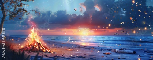Large burning bonfire with soft glowing flame and sparkles flying all around. Romantic summer evening, people relaxing and enjoying calmness at the seaside during the Night