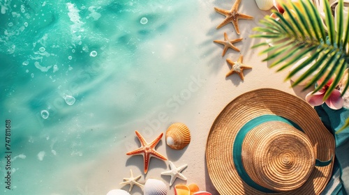 Summer vacation concept. Top view of straw hat, starfish, seashells and palm leaf on the beach
