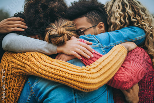 Rear view of a diverse group of people embracing each other - Representing support, help, and youth community concept photo