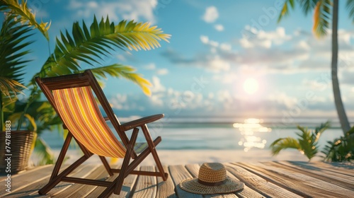 Wooden deck chair with straw hat on tropical beach. Vacation concept