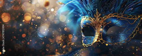 Realistic luxury carnival mask with blue feathers. Abstract blurred background, gold dust, and light effects. © Павел Озарчук