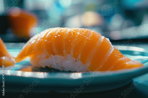 Macro shot of a Japanese sushi dish, one exquisite piece of nigiri, with focus on the fish texture, stock photo aesthetic