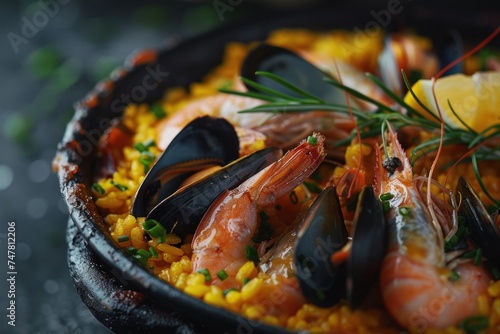 Macro photograph of a Spanish paella dish, showcasing seafood and saffron rice, Mediterranean cuisine