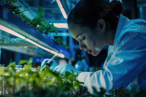 A scientist analyzing plant samples in a lab working on biofuels, representing research and innovation in green energy