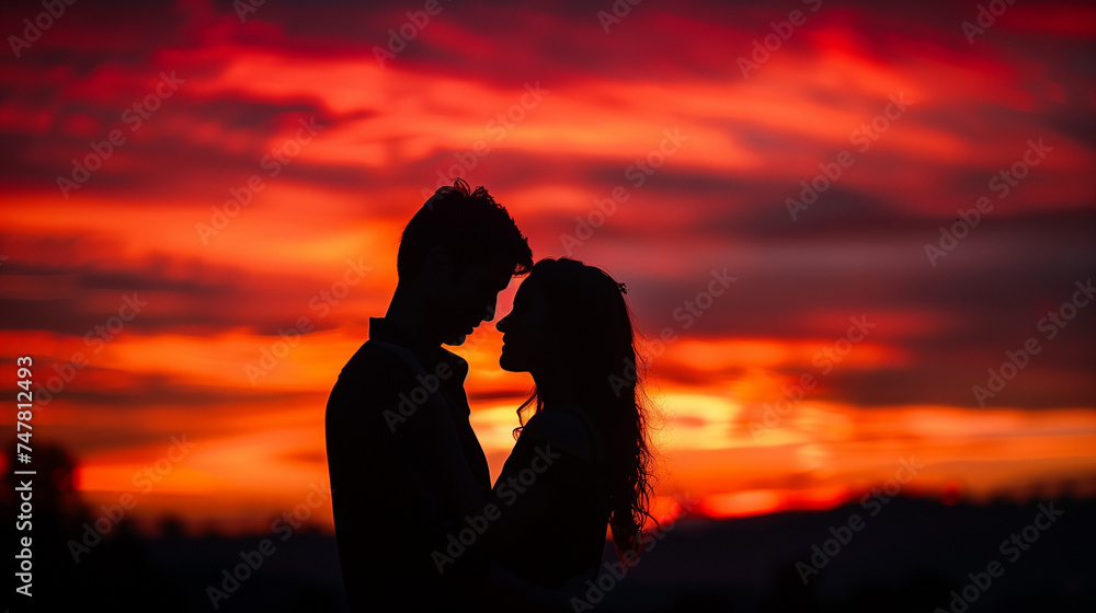 a husband and wife hugging against the backdrop of the setting sun, the sky emitting dramatic orange and red hues, Ai generated Images