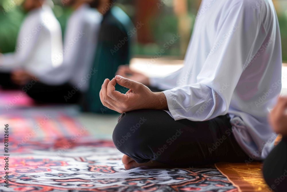 Closeup view of group of Muslim men meditating in mosque - obrazy, fototapety, plakaty 