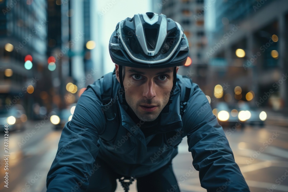 Close-up of a cyclist navigating through the bustling city streets, focus on the determination in their eyes, urban adventure Close-up of a cyclist navigating through the bustling city streets, focus on the determination in their eyes, urban adventure