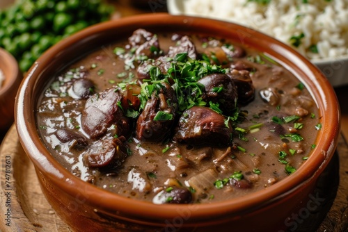 Close-up view of a Brazilian feijoada dish, rich and hearty stew, traditional flavors