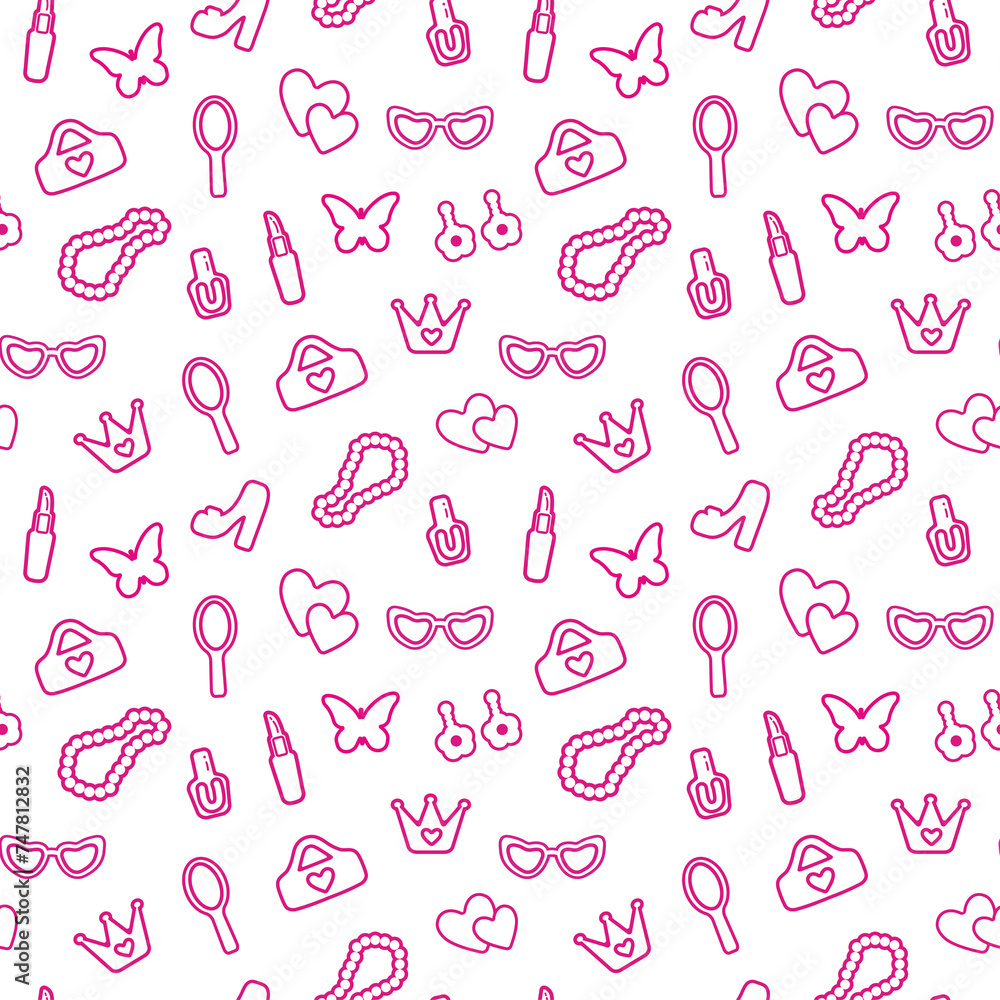 trendy, seamless, pattern with contour details. isolated elements for girl. Shoes, lipstick, earrings, glasses, jewelry, heart. for print, paper, banner. modern art illustration. png trendy, seamless, pattern with contour details. isolated elements for girl. Shoes, lipstick, earrings, glasses, jewelry, heart. for print, paper, banner. modern art illustration. png