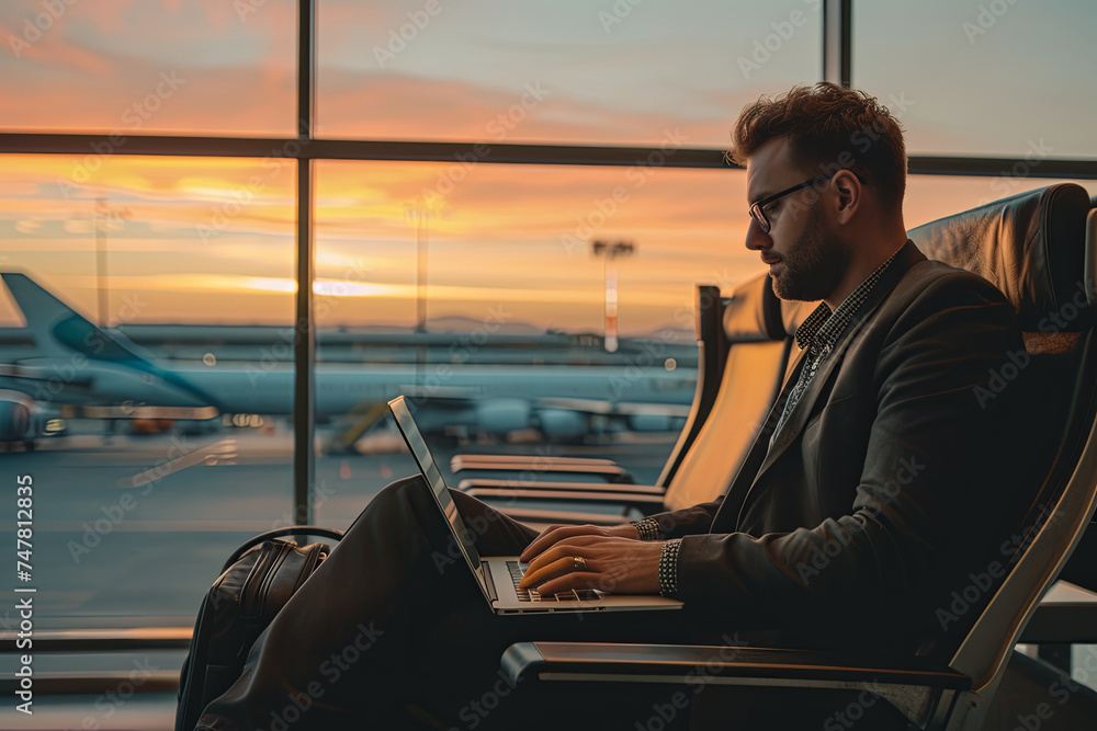 A man working on his laptop at the airport while waiting to board the plane - Businessman on a business trip, communicating via the internet A man working on his laptop at the airport while waiting to board the plane - Businessman on a business trip, communicating via the internet