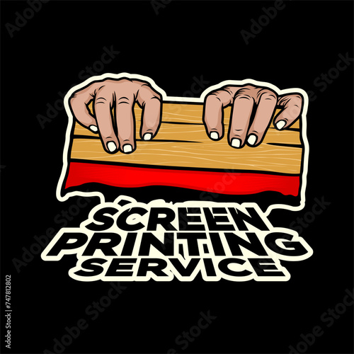screen printing silk with hand holding squeegee logo design inspiration, Design element for logo, poster, card, banner, emblem, t shirt. Vector illustration