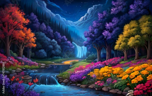 Beautiful and Peaceful Nature Scenery Illustration, Landscape, Countryside, Tranquil, Vibrant and Colorful