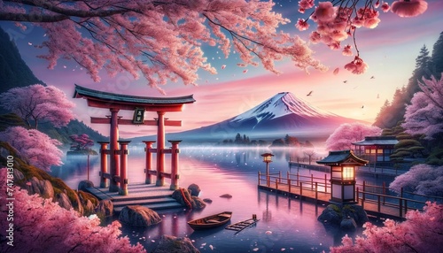 Tranquil Japanese Landscape with Cherry Blossoms and Mount Fuji, Generative AI