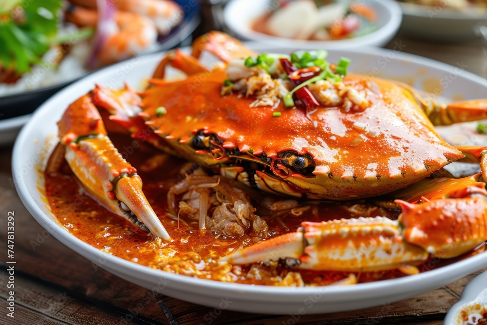 close-up of Detailed image of a Singaporean chili crab dish, vibrant red sauce and crab meat, Southeast Asian cuisine close-up of Detailed image of a Singaporean chili crab dish, vibrant red sauce and crab meat, Southeast Asian cuisine