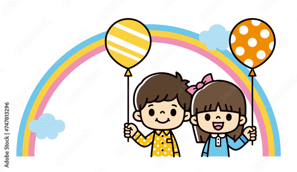Illustration of a boy and a girl holding colorful balloons in front of a rainbow Illustration of a boy and a girl holding colorful balloons in front of a rainbow
