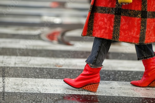 Close-up of a fashion-forward pedestrian crossing the street, the city's fashion trends captured in one bold look  photo