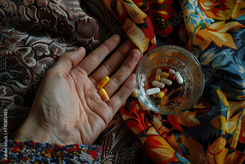 Sick, asian young woman, girl hand holding pill capsule, painkiller medicine from stomach pain, head ache, pain for treatment, take drug or vitamin and glass of water at home, pharmacy and health care photo