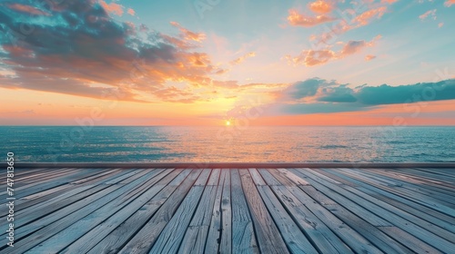 Wooden deck overlooking a serene sunset at sea. Perfect background for inspirational quotes or travel and vacation themes.